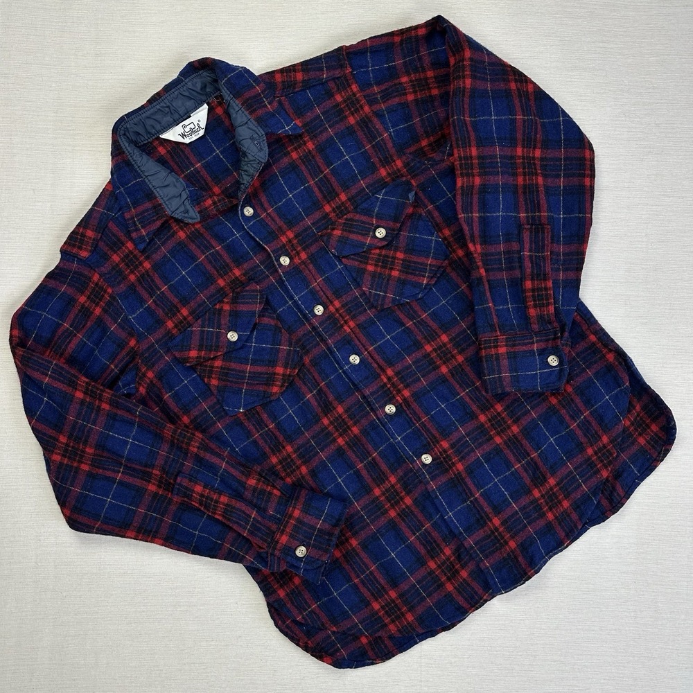 Vtg 70s Woolrich Plaid Flannel Shirt Button Made in USA Men M Red Blue Gorp